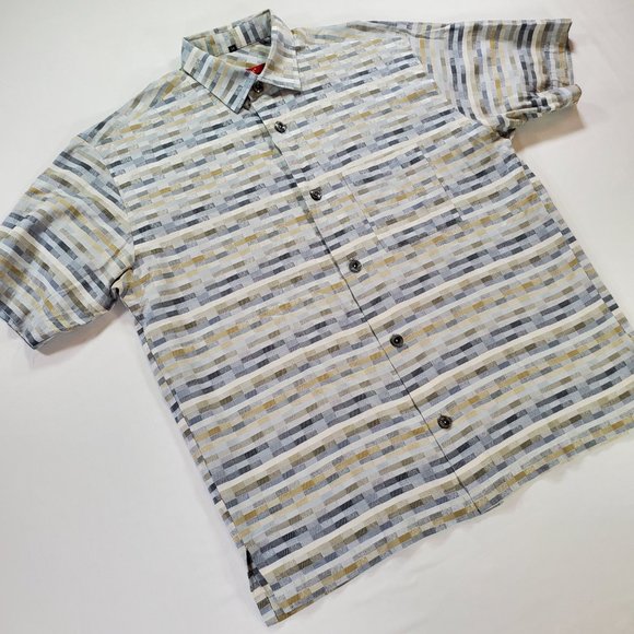 Signum Shirt Mens Medium Earth Tones Short Sleeve Casual Button Up Big Buttons - Picture 6 of 16